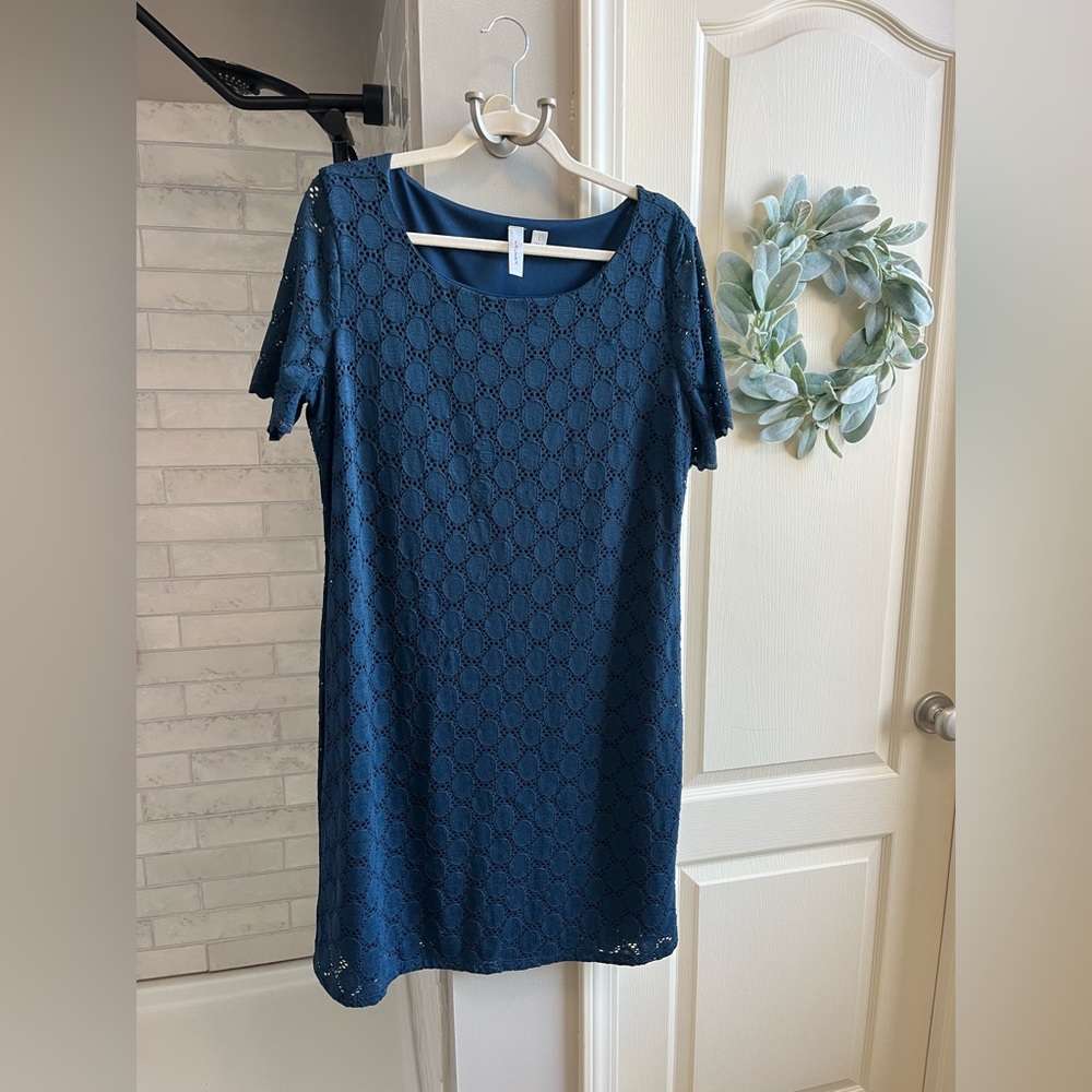Tacera Teal Crochet Short Sleeve Mini Shift Dress